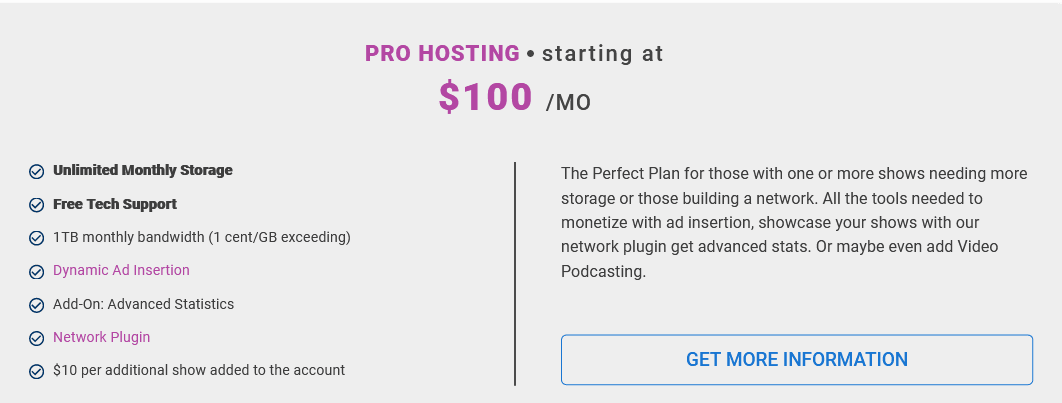 Blubrry Pro Hosting pricing plan