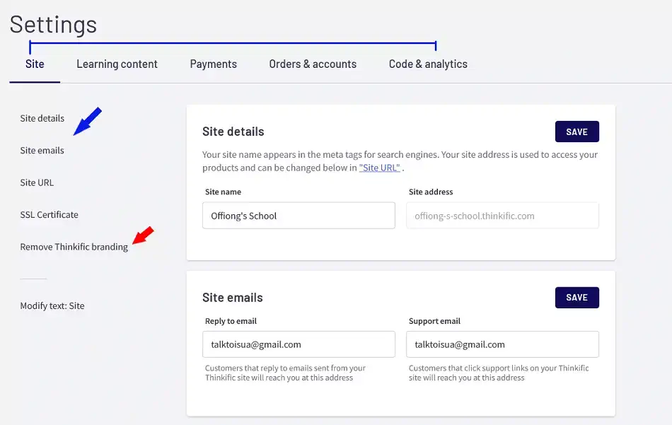 Thinkific Online School Admin Dashboard settings
