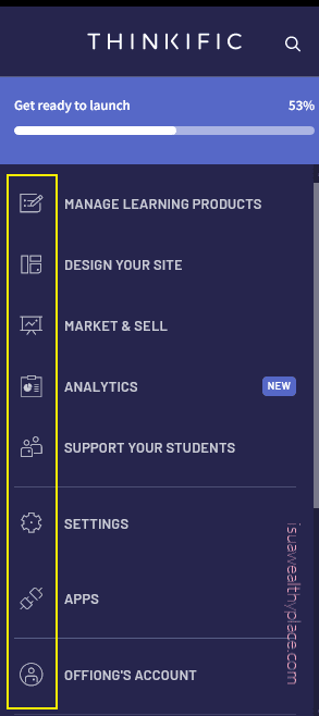thinkific site settings dashboard